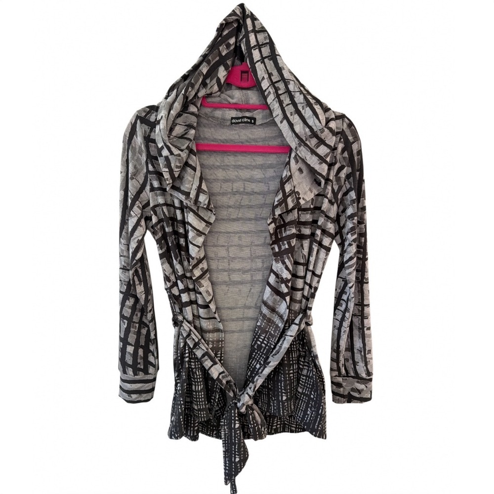 David Cline Women Small Grey Black Abstract Grid Tie Front Hooded Cardigan